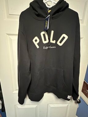 Ralph Lauren Black Hoodie with White Raised Lettering